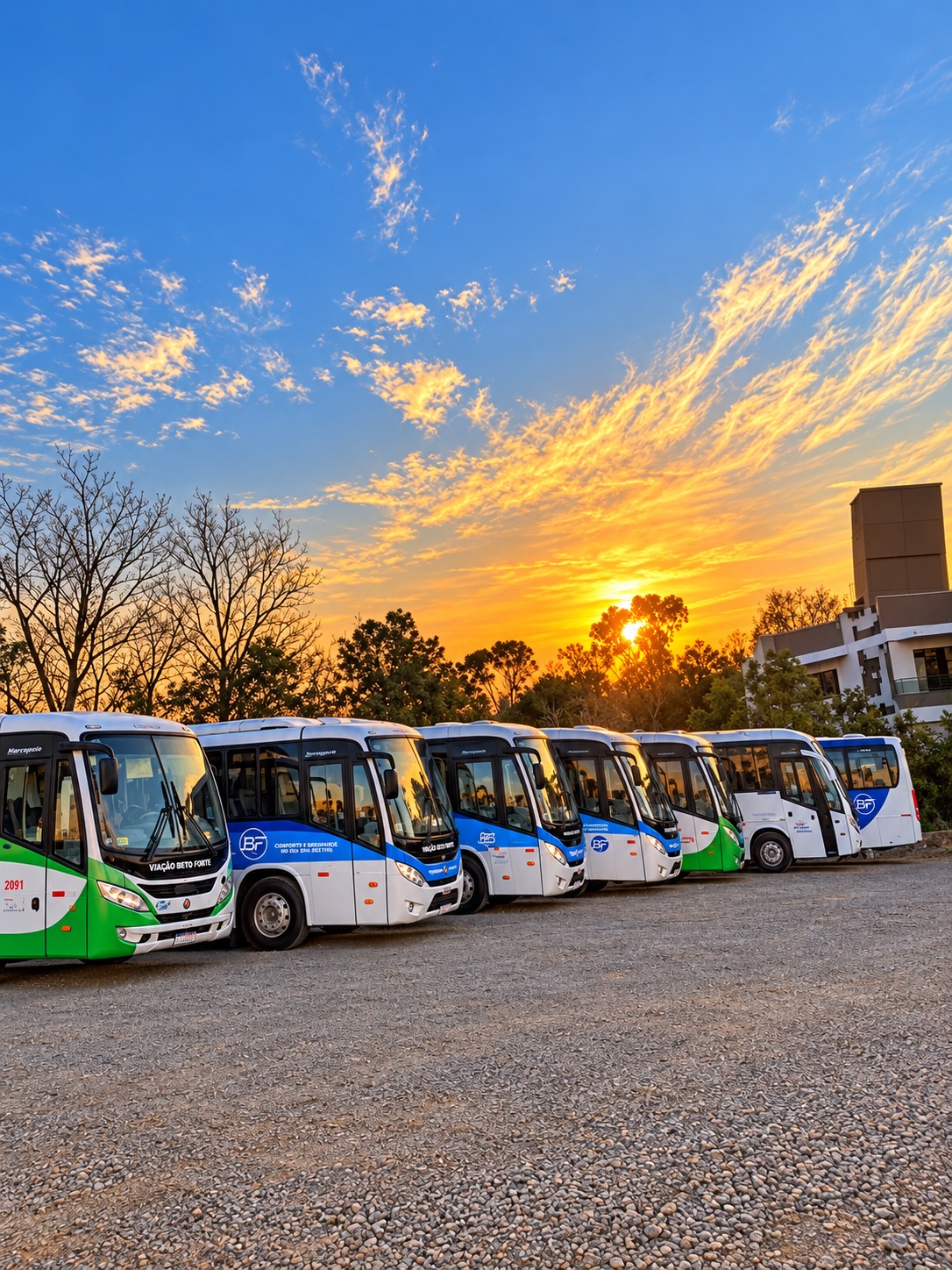 Frota da Viação Beto Forte ao pôr do sol
